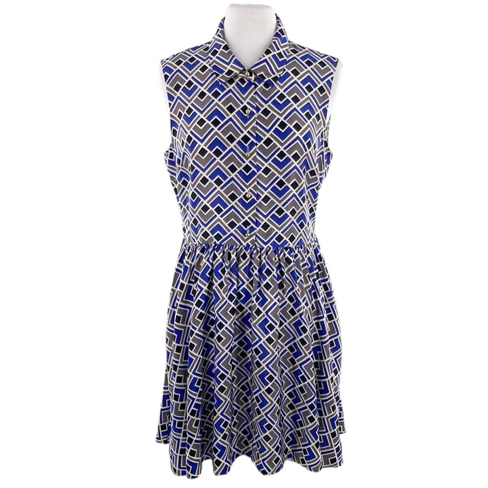 Kate Spade Lora Womens Black Blue Silk Collared Sleeveless Geometric Dress  12